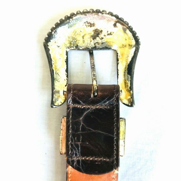 Zele Croc Skinny Belt Alligator Embossed Leather Brown S M Silver Buckle 24-29in - Picture 10 of 11